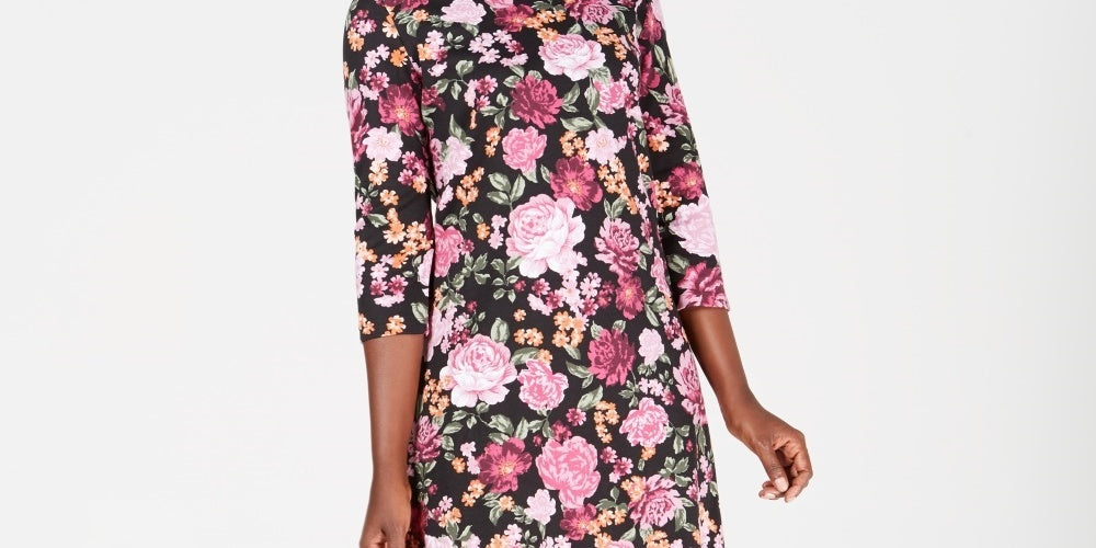 Karen Scott Women's Printed Scoop Neck Dress Black Size Petite Small