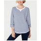 Karen Scott Women's Striped 3/4 Sleeve Sweatshirt  Blue Size Petite Small