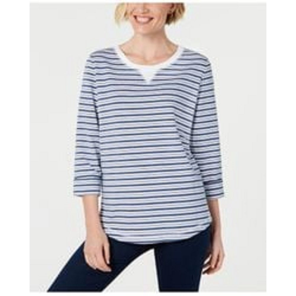 Karen Scott Women's Striped 3/4 Sleeve Sweatshirt  Blue Size Petite Small
