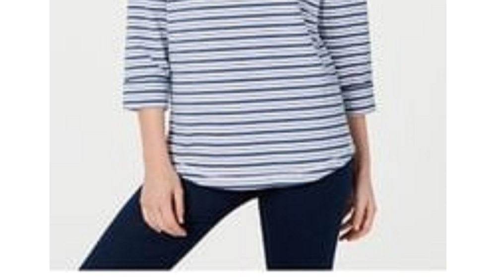 Karen Scott Women's Striped 3/4 Sleeve Sweatshirt  Blue Size Petite Small