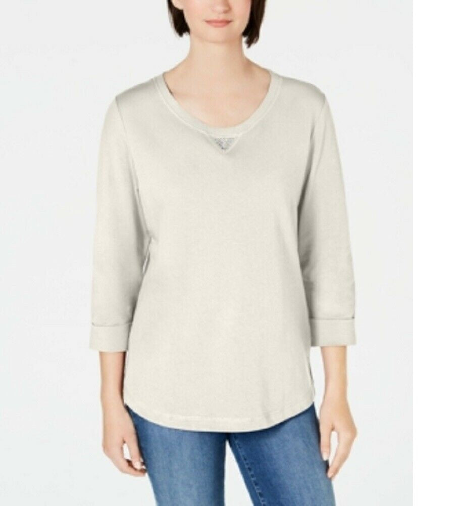 Karen Scott Women's Sport Cotton Studded 3/4 Sleeve Sweatshirt White Size Small