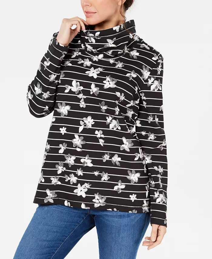 Karen Scott Women's Floral-Print Striped Funnel-Neck Top Black Size Petite Medium