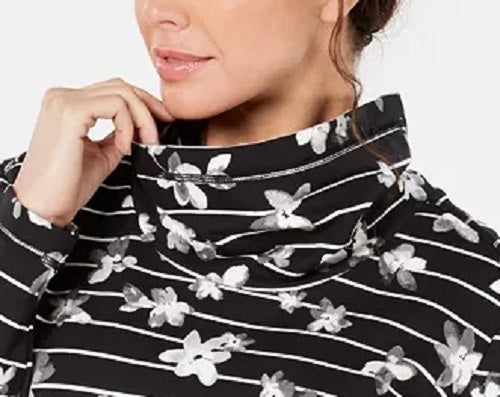Karen Scott Women's Floral-Print Striped Funnel-Neck Top Black Size Petite Medium