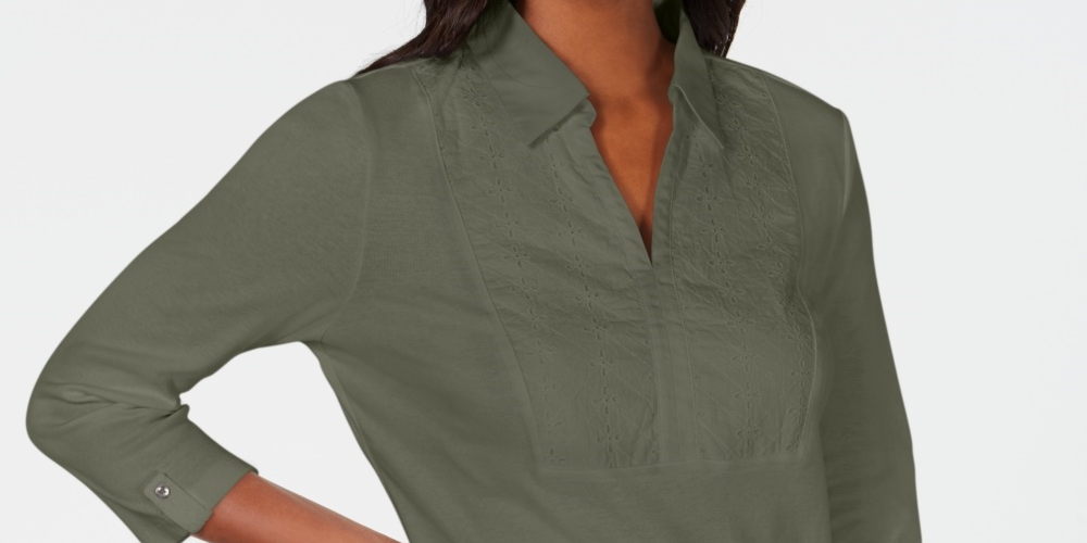 Karen Scott Women's Cotton Eyelet Yoke Top Green Size X-Small