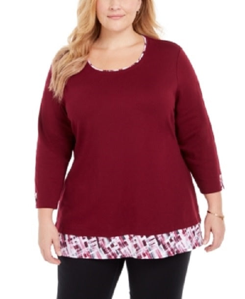 Karen Scott Women's Plus Size Plaid-Trim Top Red Size 1X