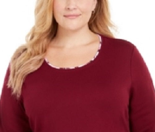 Karen Scott Women's Plus Size Plaid-Trim Top Red Size 1X