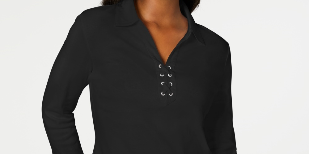 Karen Scott Women's Cotton Lace Up Shirt Black Size X-Small
