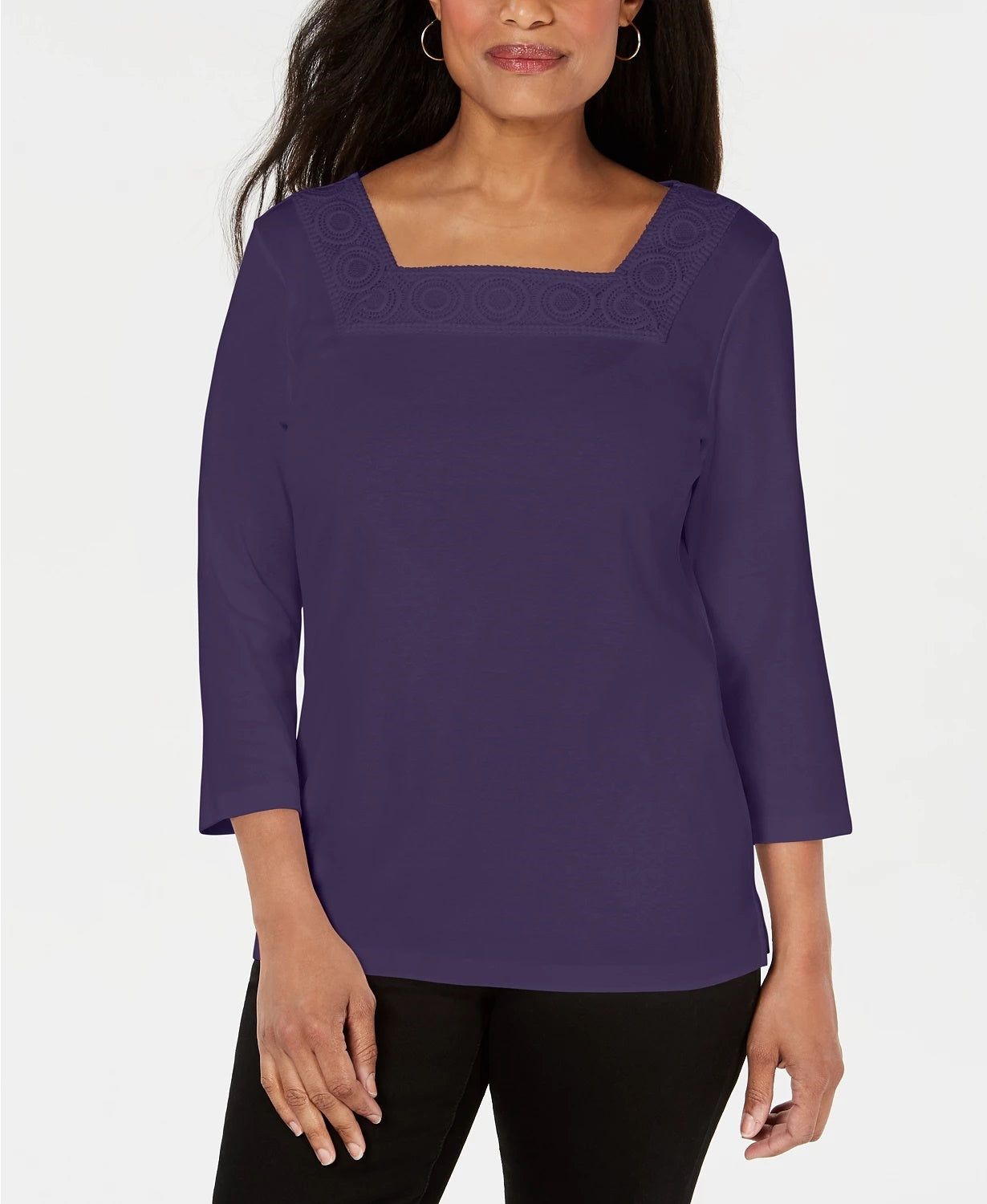 Karen Scott Women's Crochet Square-Neck Top Dark Blue Size Medium