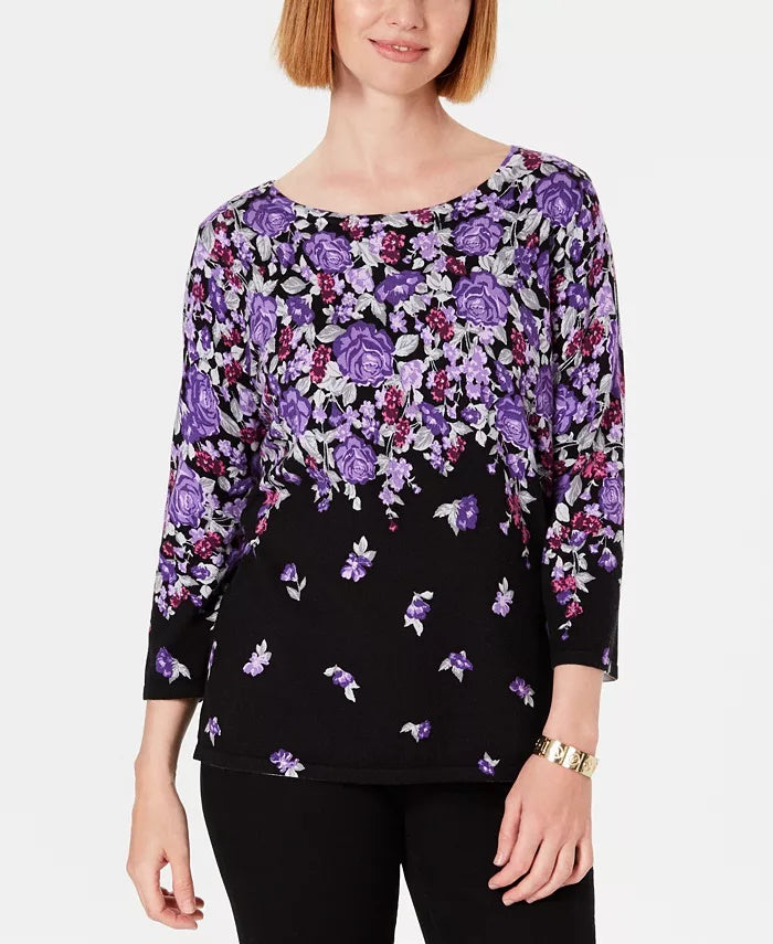 Karen Scott Women's Floral-Print Sweater Navy Size Large