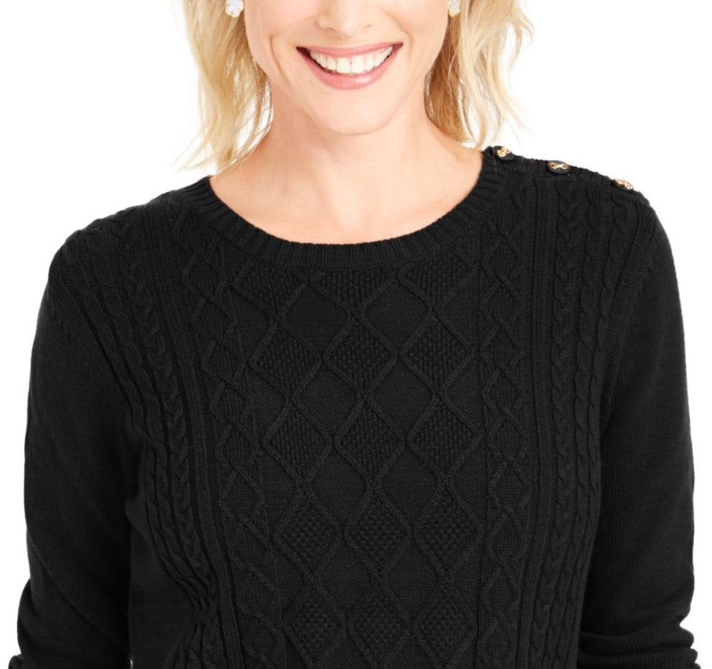 Charter Club Women's Textured Embellished Printed Long Sleeve Jewel Neck T-Shirt Sweater Black Size X-Small