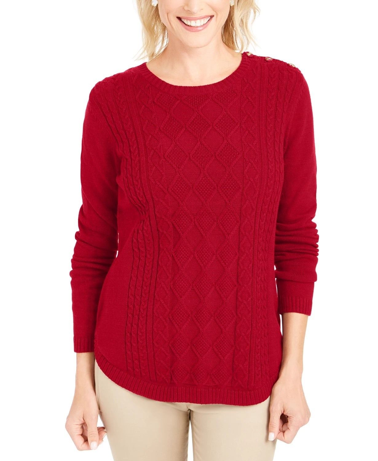 Charter Club Women's Textured Embellished Printed Long Sleeve Jewel Neck T-Shirt Sweater Red Size X-Small