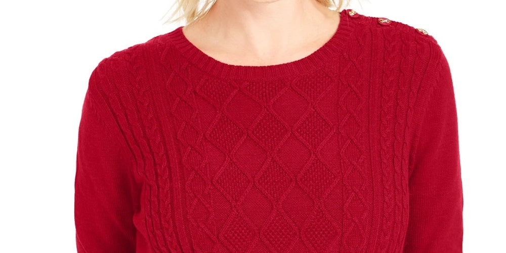 Charter Club Women's Textured Embellished Printed Long Sleeve Jewel Neck T-Shirt Sweater Red Size X-Small