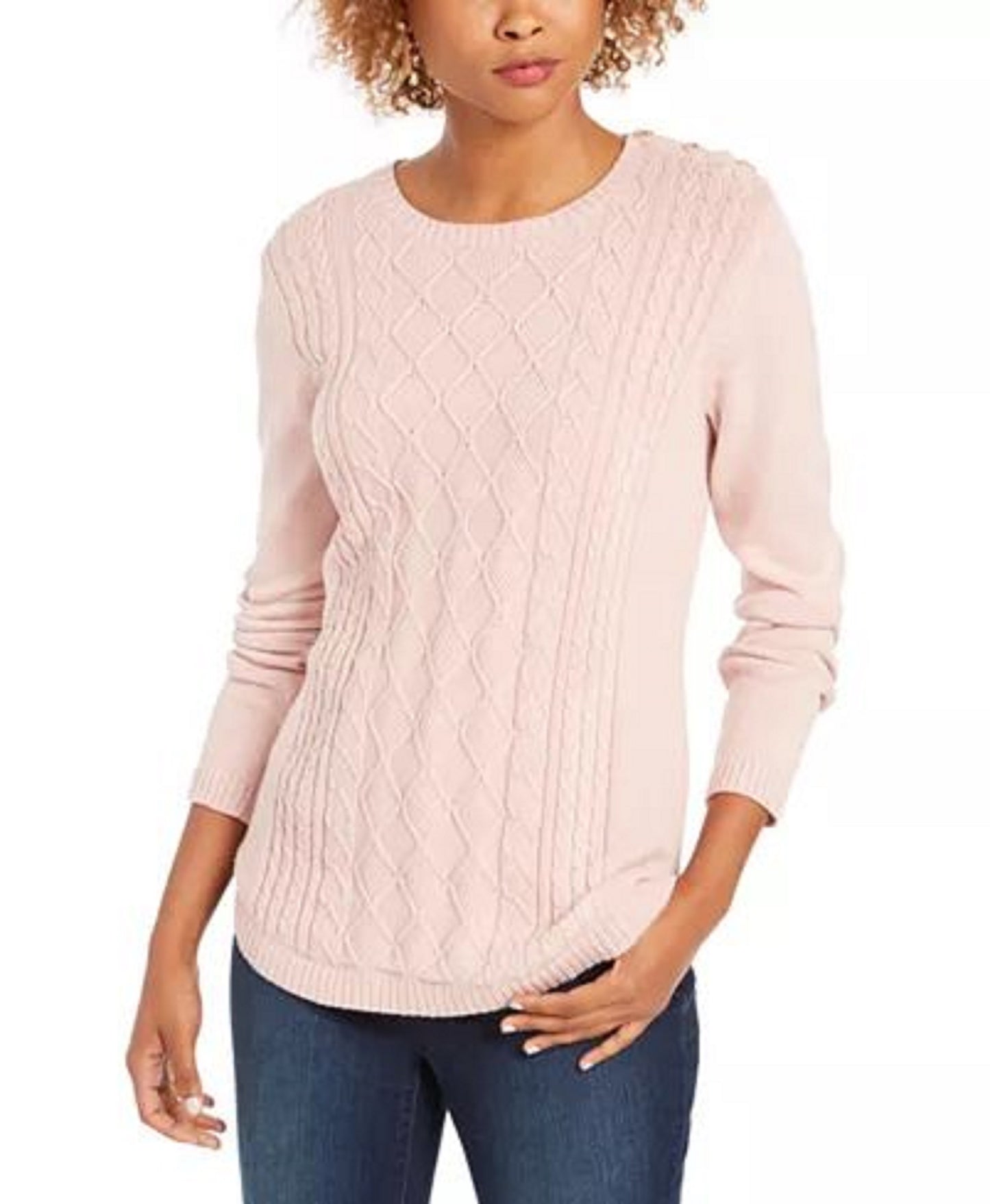 Charter Club Women's Petite Cable-Knit Button-Trim Sweater Pink Size Petite
