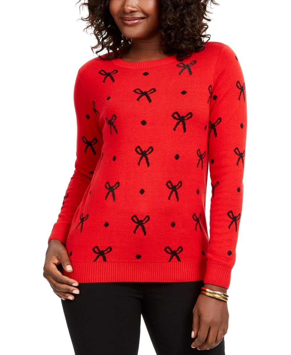 Charter Club Women's Reese Beaded Bow Dotted Sweater Red Size XX-Large