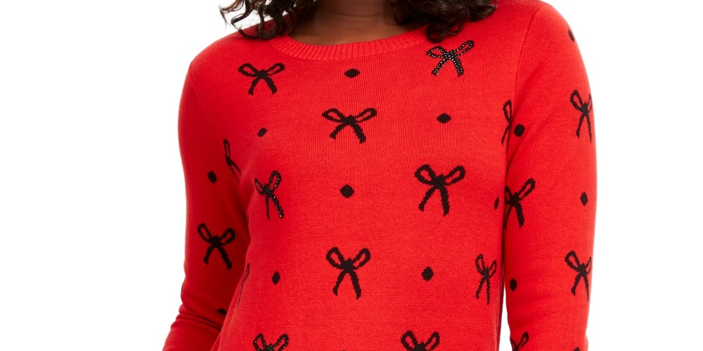 Charter Club Women's Reese Beaded Bow Dotted Sweater Red Size XX-Large