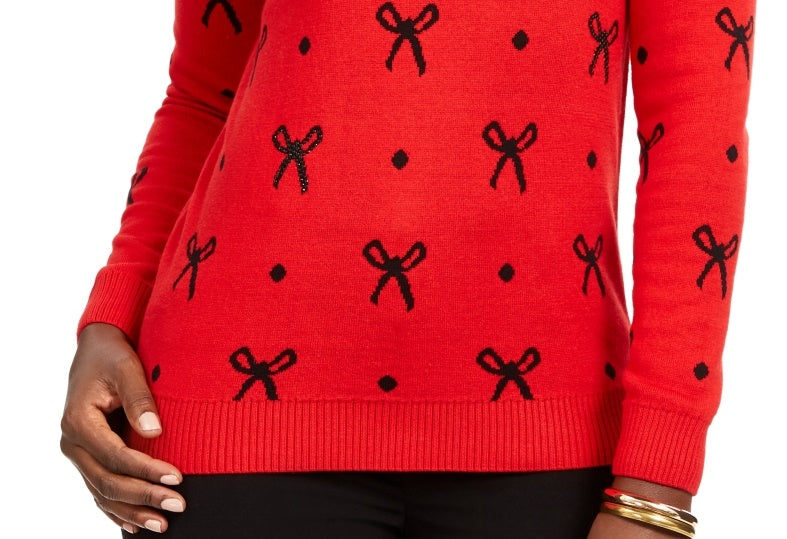 Charter Club Women's Bow Print Sweater Red Size Petite Small