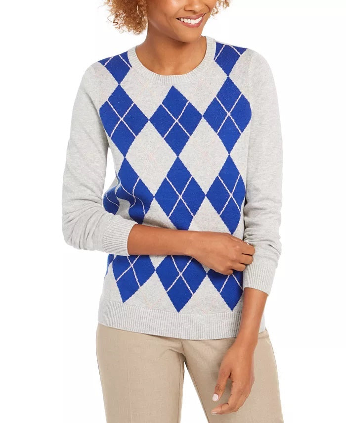 Charter Club Women's Argyle Crewneck Sweater Gray Size Medium