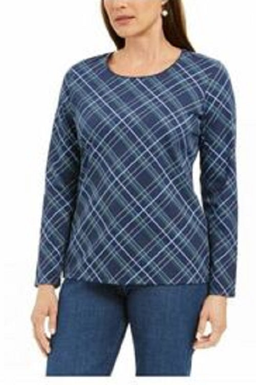 Karen Scott Women's Holly Plaid Embellished Top Navy Size Small