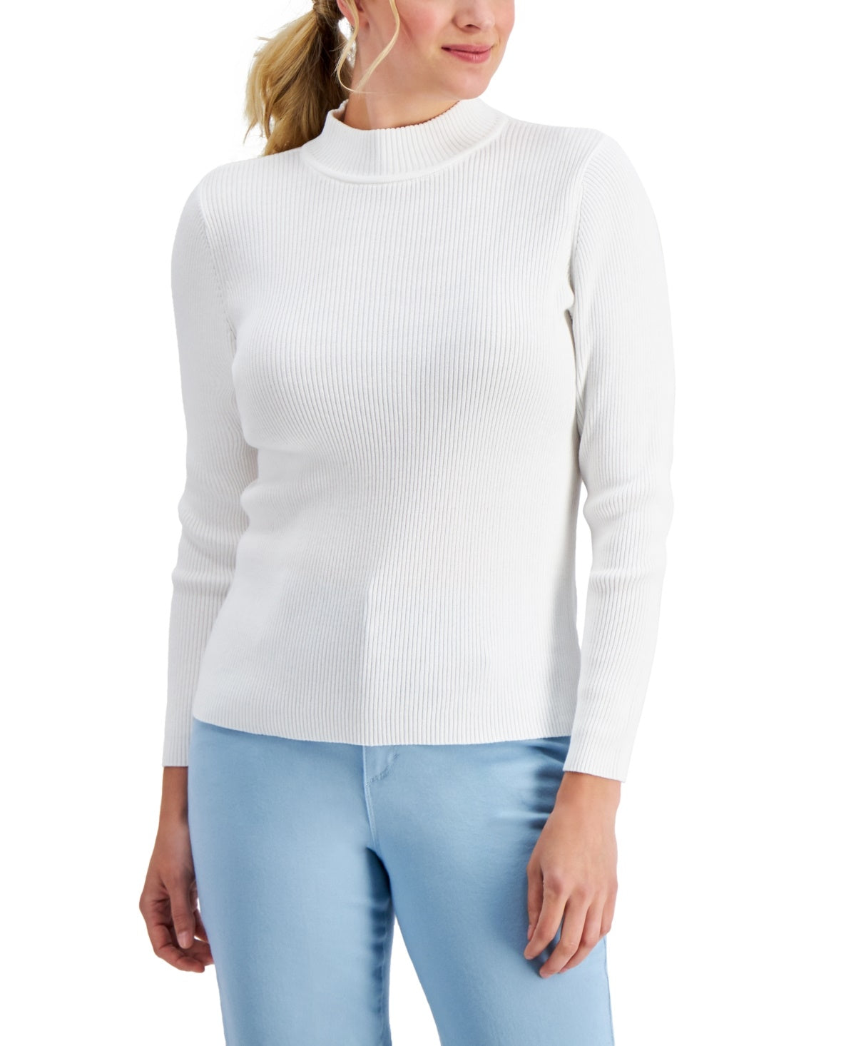 Karen Scott Women's Cotton Ribbed Mock Neck Sweater White Size Petite Medium