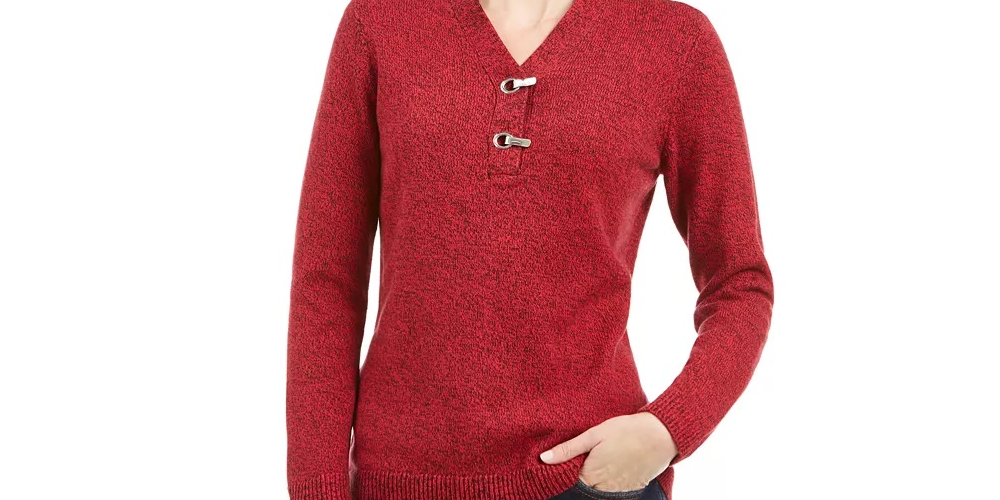 Karen Scott Women's Hardware Trim Cotton Henley Sweater Red Size Petite Medium