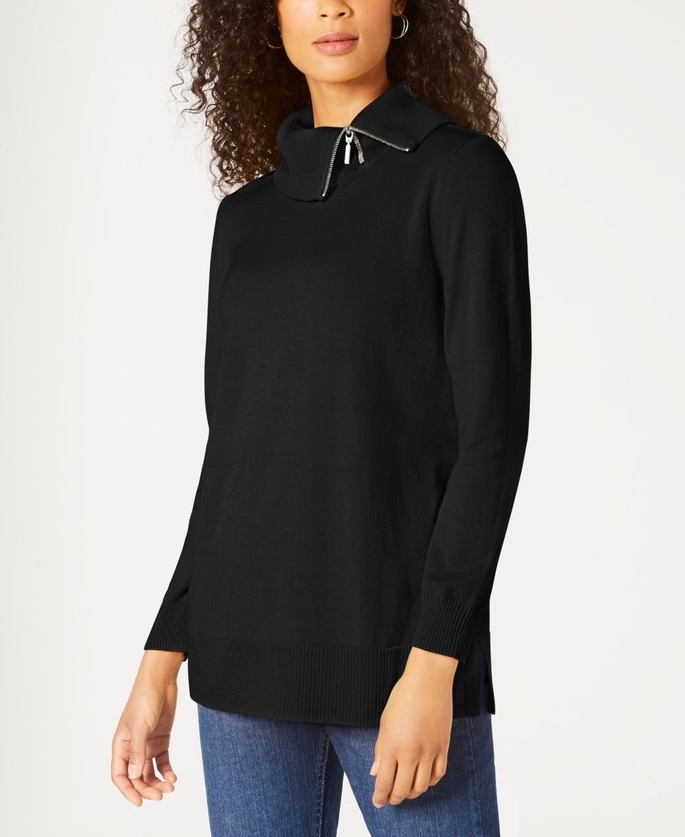 Karen Scott Women's Cotton Zip-Neck Sweater  Black Size X-Small