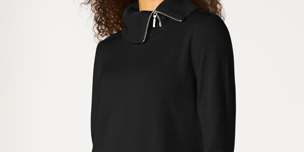 Karen Scott Women's Cotton Zip-Neck Sweater  Black Size X-Small