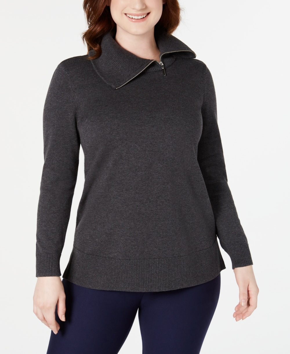 Karen Scott Women's Cotton Zip Neck Sweater Charcoal Size Medium