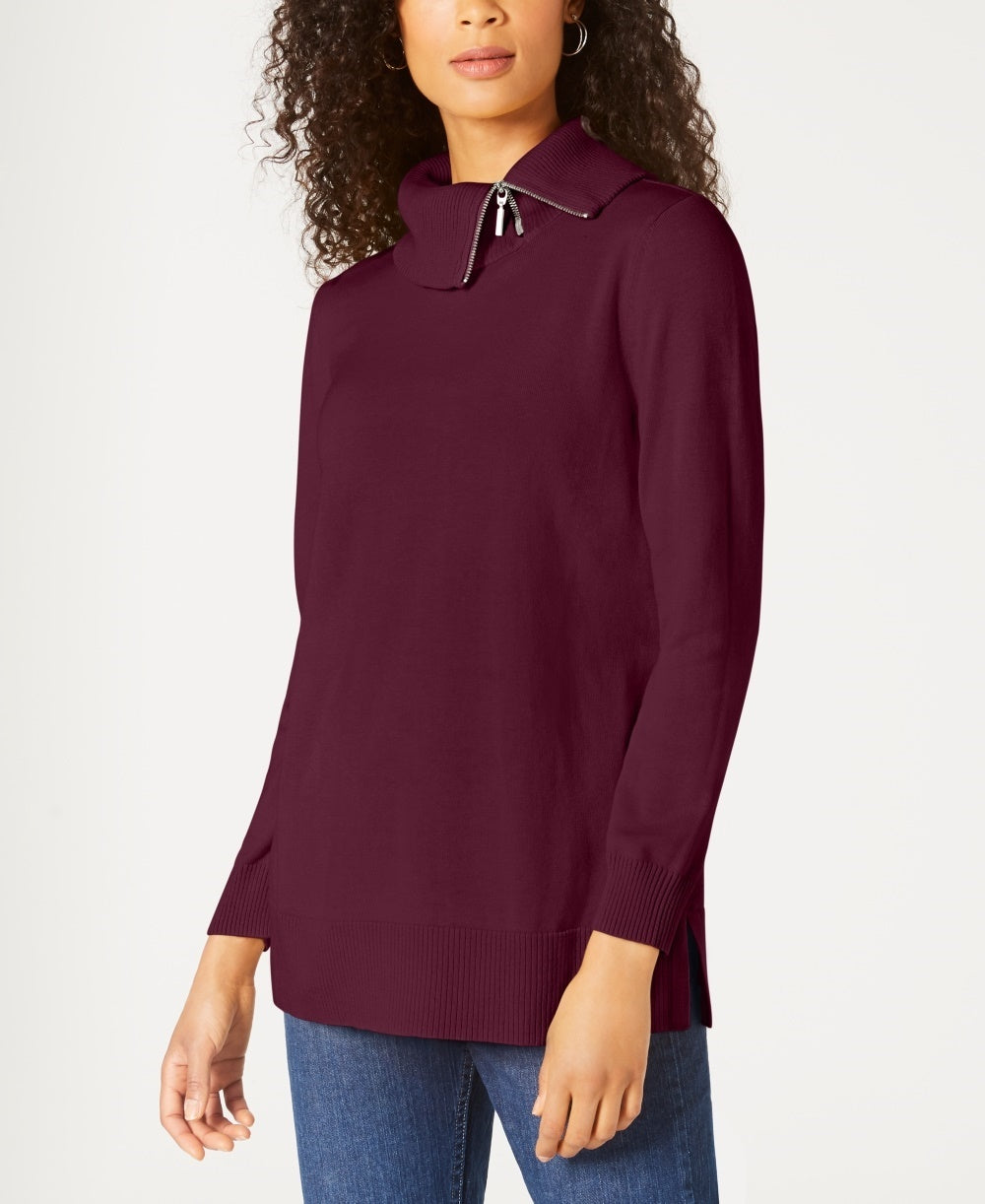 Karen Scott Women's Cotton Zip-Neck Sweater Merlot Red Size Small