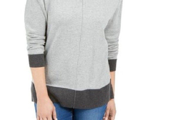 Karen Scott Women's Erin Cotton Colorblocked Mock Neck Sweater Charcoal Size X-Large