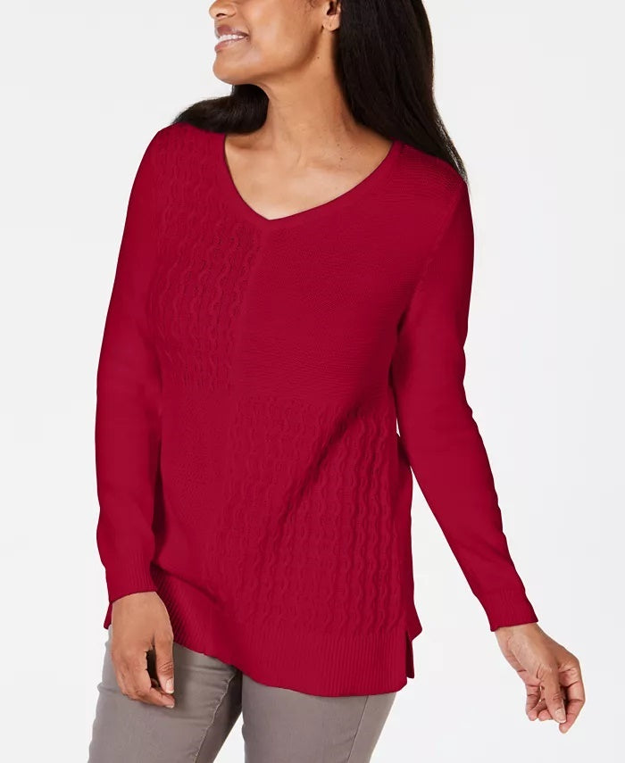 Karen Scott Women's Cotton Mixed-Stitch Sweater Bright Red Size Medium