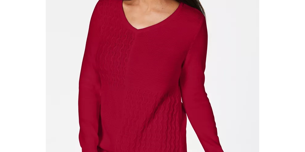Karen Scott Women's Cotton Mixed-Stitch Sweater Bright Red Size Extra Large