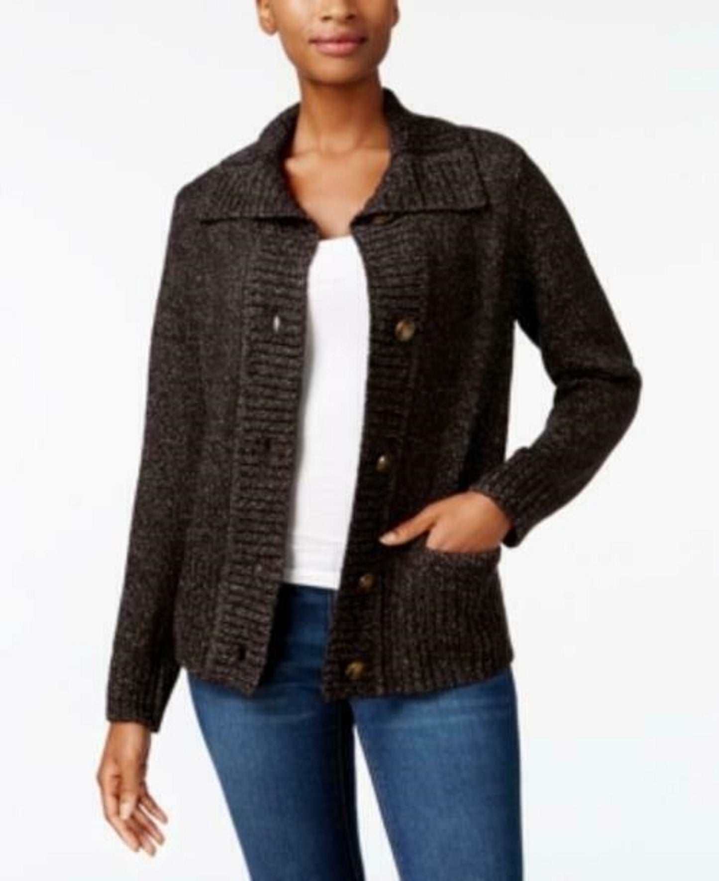 Karen Scott Women's Button-Front Shawl-Collar Cardigan Black Size X-Large