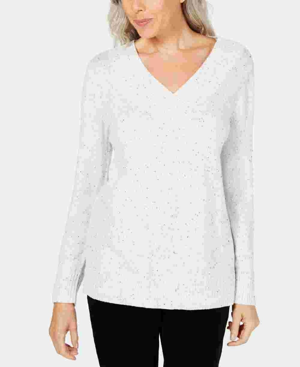 Karen Scott Women's V-Neck Long-Sleeve Sweater Natural Size X-Small