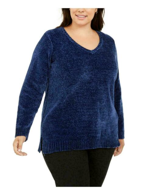 Karen Scott Women's V Neck Chenille Sweater Blue Size 3X