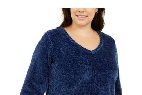 Karen Scott Women's V Neck Chenille Sweater Blue Size 3X