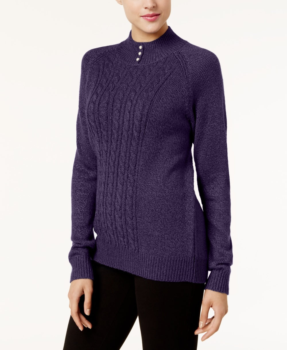 Karen Scott Women's Mock Neck Cable Knit Sweater Purple Petite Small