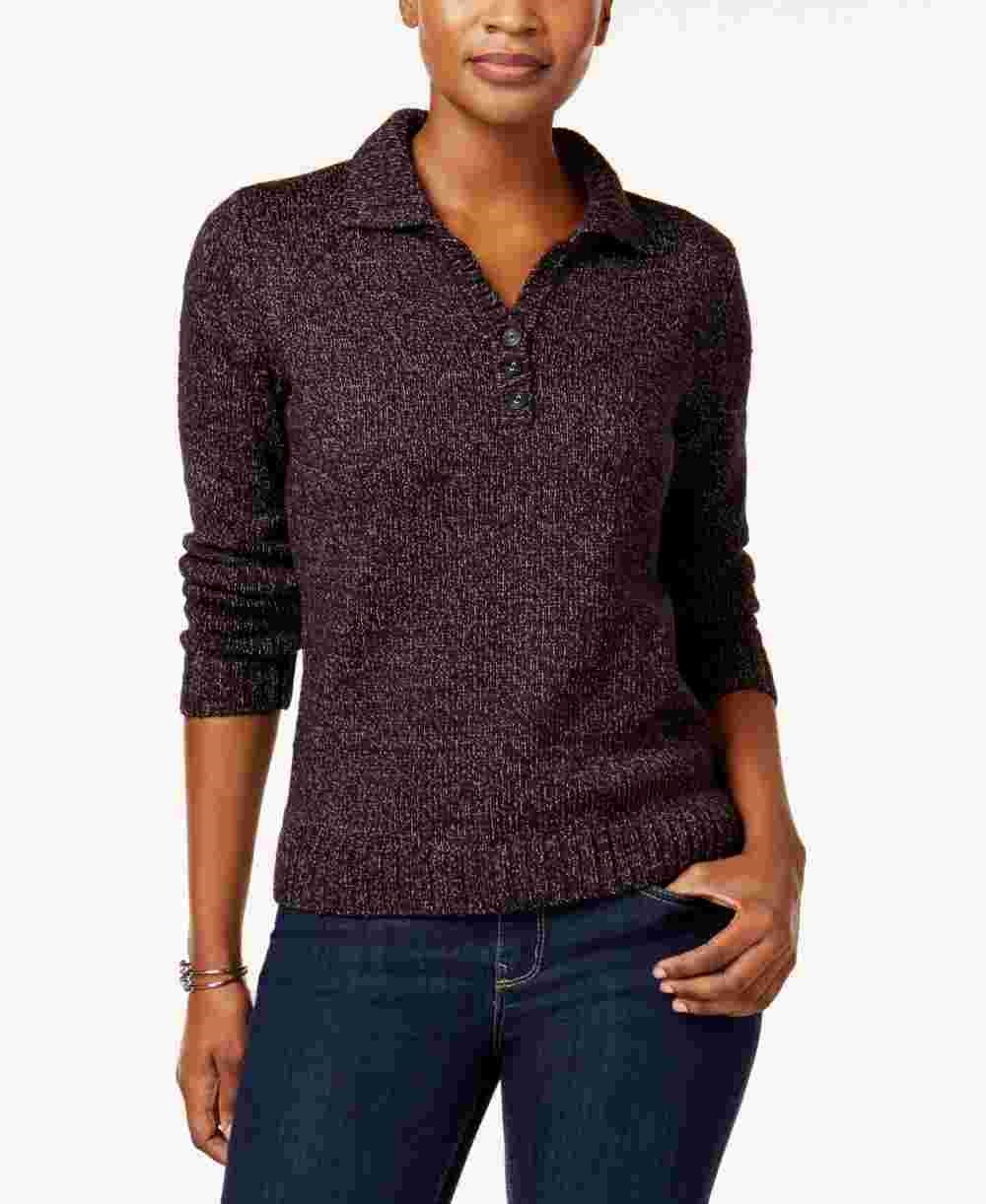Karen Scott Women's Textured Heather Long Sleeve Collared Sweater Black Large