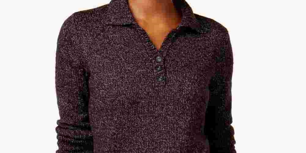 Karen Scott Women's Textured Heather Long Sleeve Collared Sweater Black Large