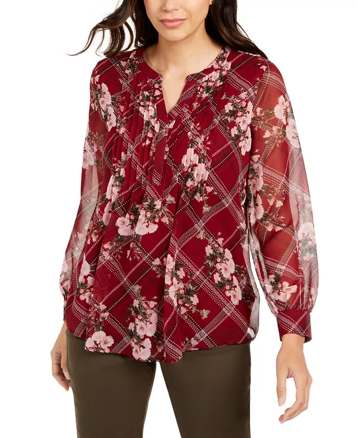 Charter Club Women's Printed Split-Neck Top Wine Size Extra Small