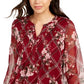 Charter Club Women's Printed Split-Neck Top Wine Size Extra Small