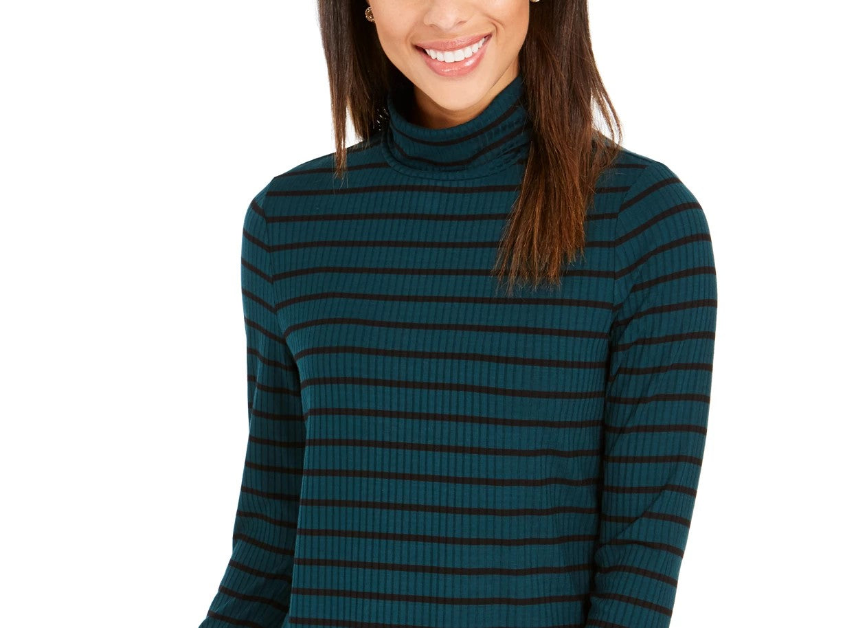 Charter Club Women's Striped Turtleneck Top  Green Size Large