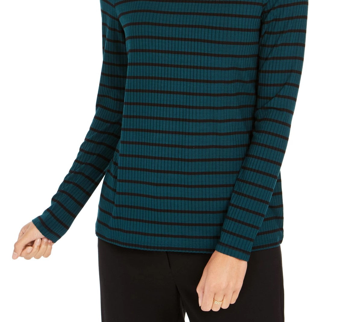 Charter Club Women's Striped Turtleneck Top  Green Size Large