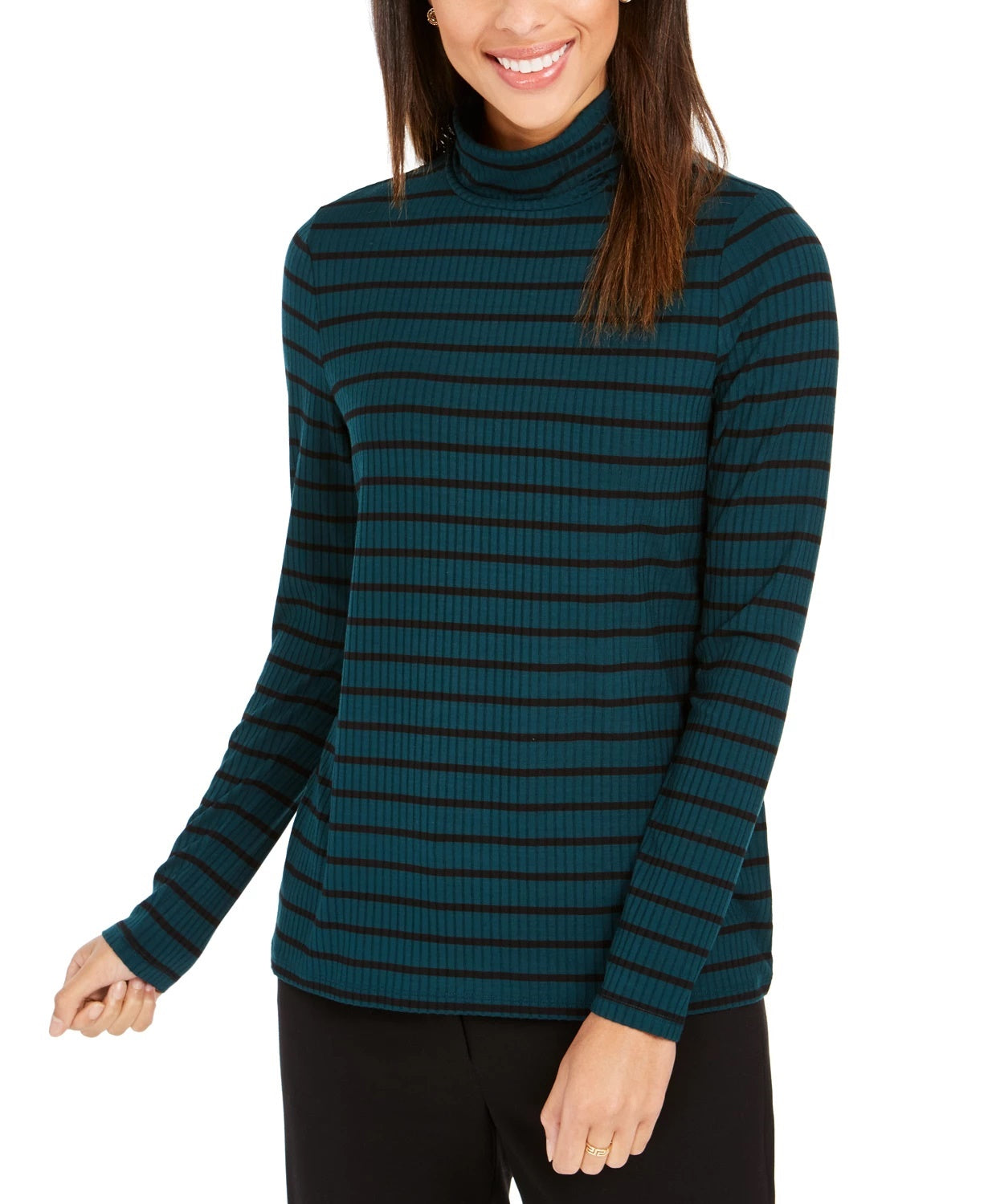 Charter Club Women's Striped Turtleneck Top Green Size Medium