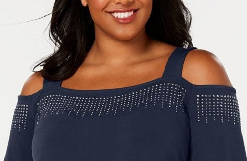JM Collection Women's Cold-Shoulder Embellished Top Dark Blue Size Small