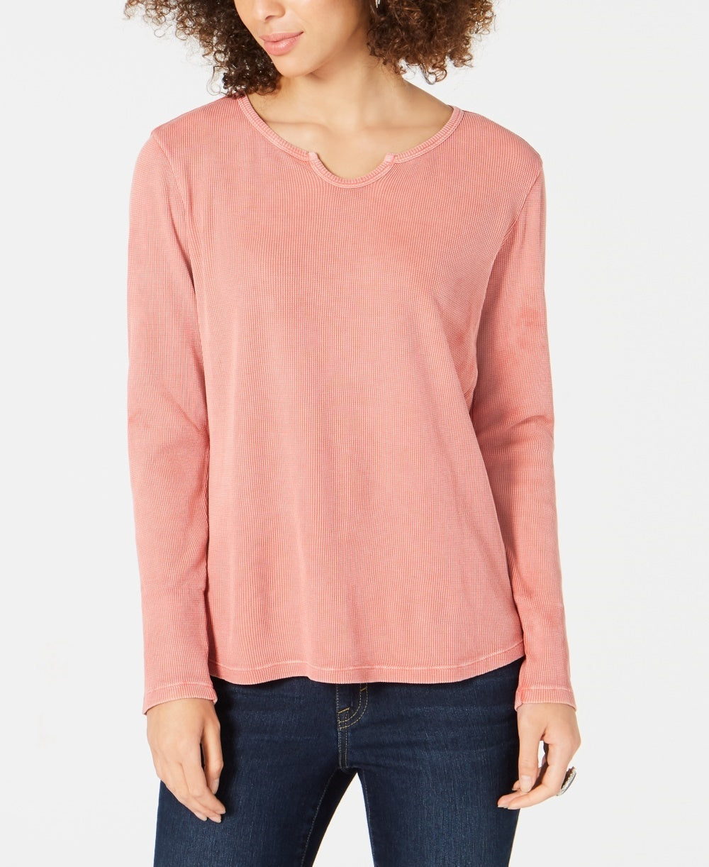 Style & Co Women's Split-Neck Cotton Thermal Top Red Size Small