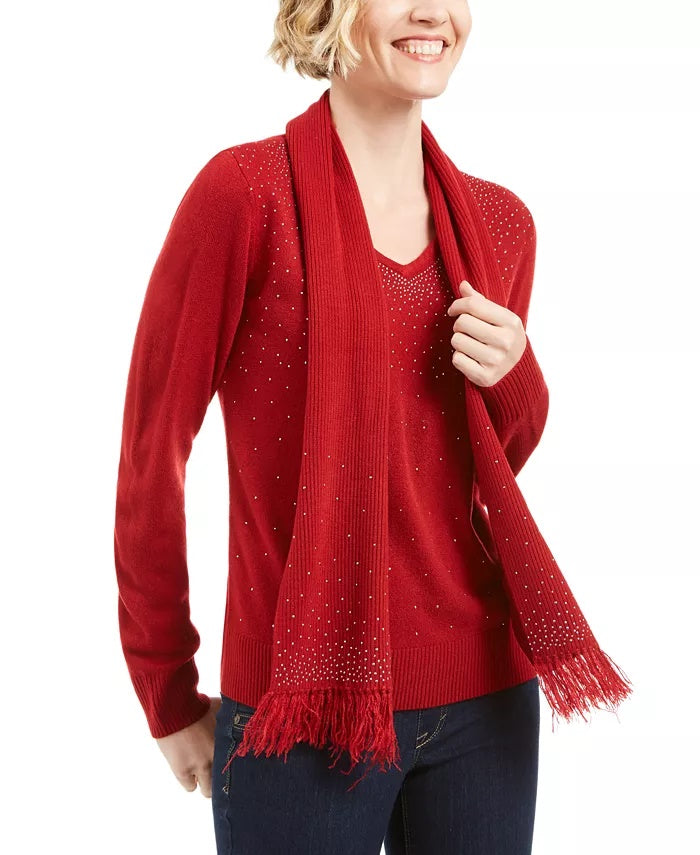Karen Scott Women's Embellished Scarf Sweater Red Size Medium