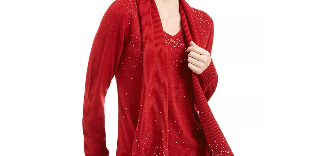 Karen Scott Women's Embellished Scarf Sweater Red Size Medium