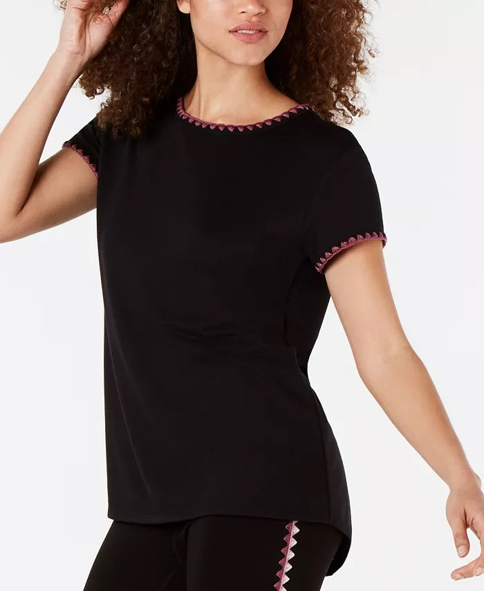 Ideology Women's Blanket-Stitch Drop-Hem T-Shirt Black Size Small