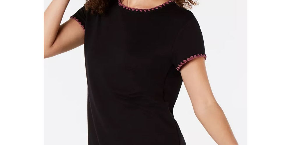 Ideology Women's Blanket-Stitch Drop-Hem T-Shirt Black Size Small