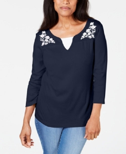Karen Scott Women's Embroidered Cotton Layered-Look Top Navy Size Petite Medium